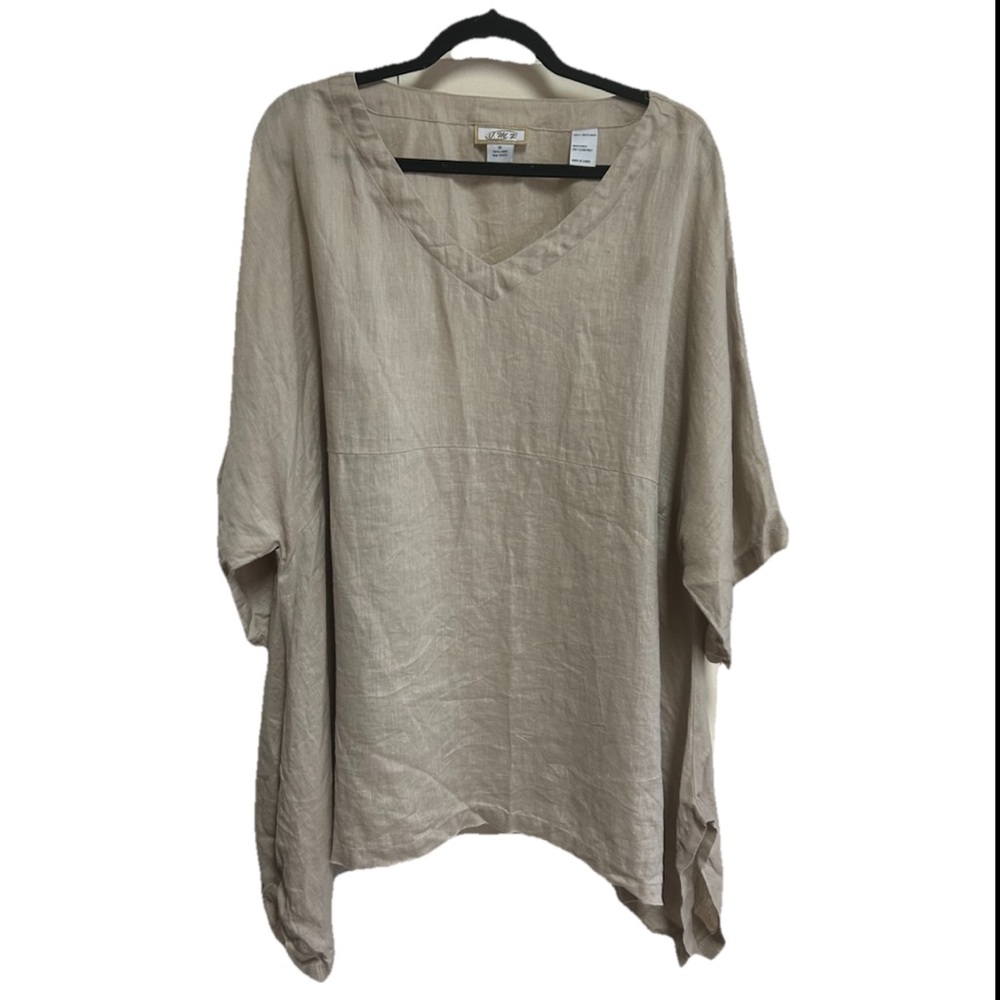 JMP Tunic Top Size 1X Linen Tan Pull Over Short Sleeve Lagenlook